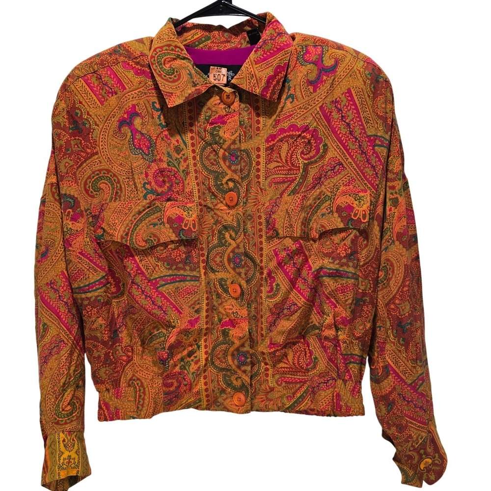 Vintage Ellen Tracy 100% Silk Paisley Cropped Jacket Size 4 Orange Pink